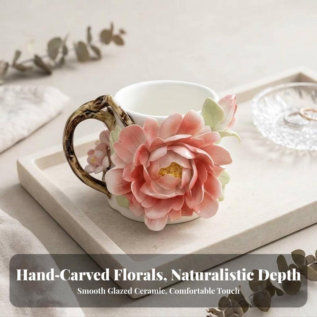 Ceramic Mug with Branch Handle Sculptural Floral Decoration Comfortable