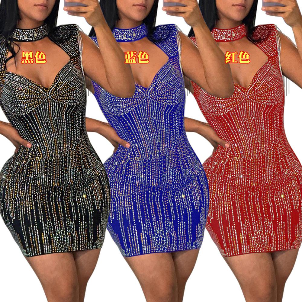 CY901111 European and American fashion women's clothing bead splicing hot diamond slim dress new women
