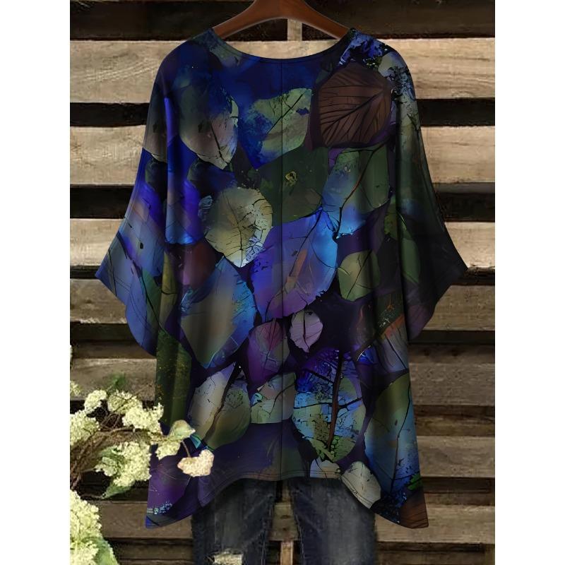 Chic Women T-Shirts Oversized Simple Vintage Floral Print Irregular Hem Round Neck T-Shirt