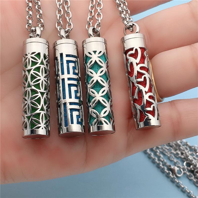 Aromatherapy Hollow Perfume Bottle Pendant Necklace in Stainless and Titanium Steel with Cotton Pads for Men & Women