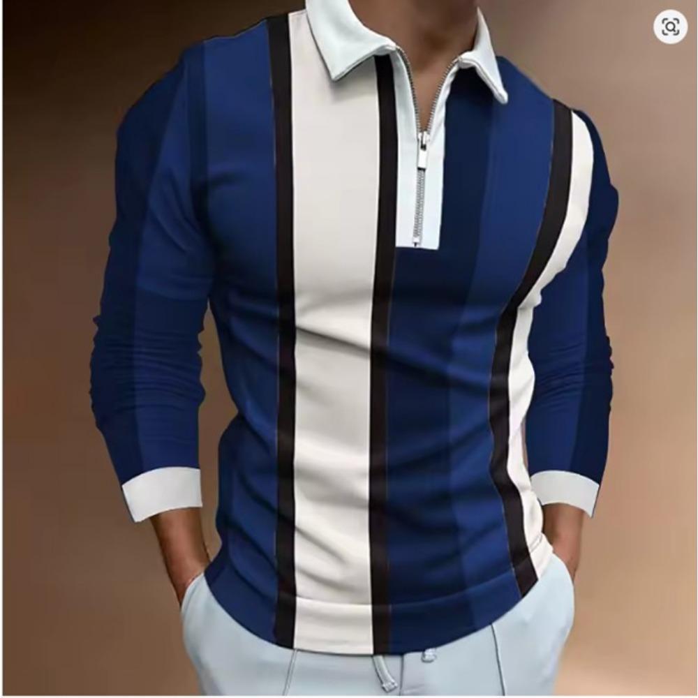 Men's 3D Stripe Printed Zipper Polo Shirt Long Sleeve Spring and Autumn Wear Trendy Brand Three-dimensional Pattern Casual Top