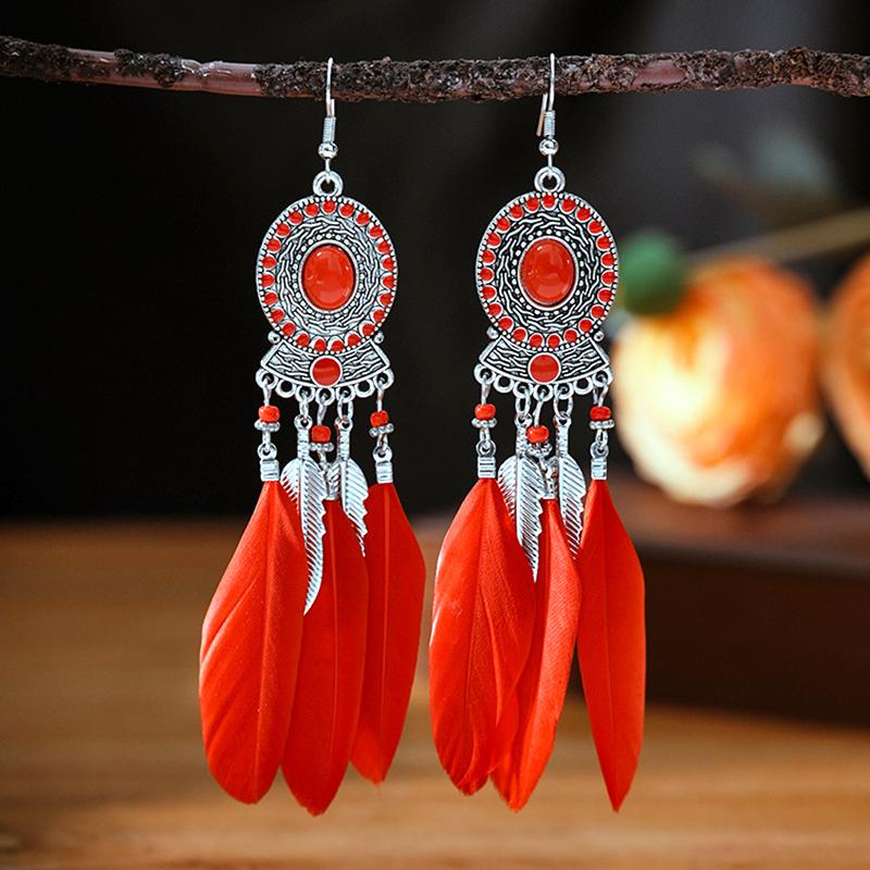 Modische Böhmische Bunte Federohrringe für Damen Ethnischer Stil Lange Geometrische Ohrringe Damen Schmuck Accessoires Geschenk