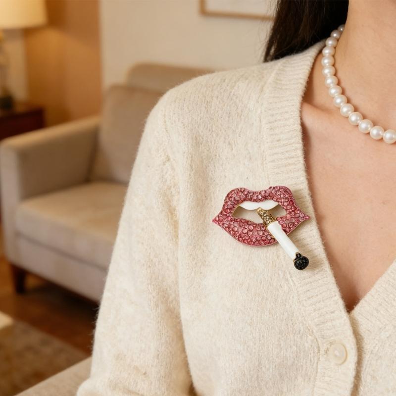 Lip Brooch Featuring Sparkling Rhinestones for Fashion Statement and Gift Crafted from Alloy