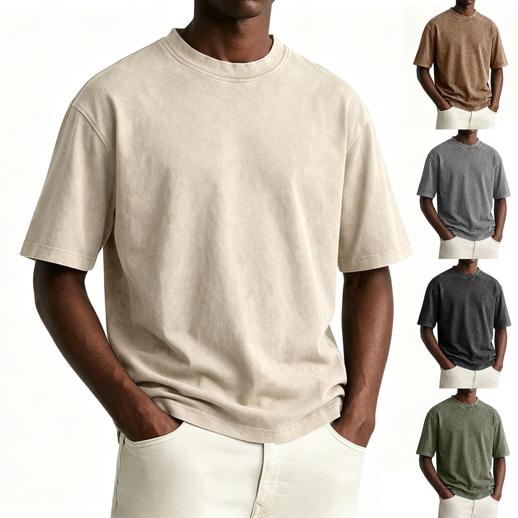 Men's Vintage Washed Crew Neck T-Shirt Casual Short Sleeve Loose Fit Comfortable Cotton Blend Top for Everyday Wear