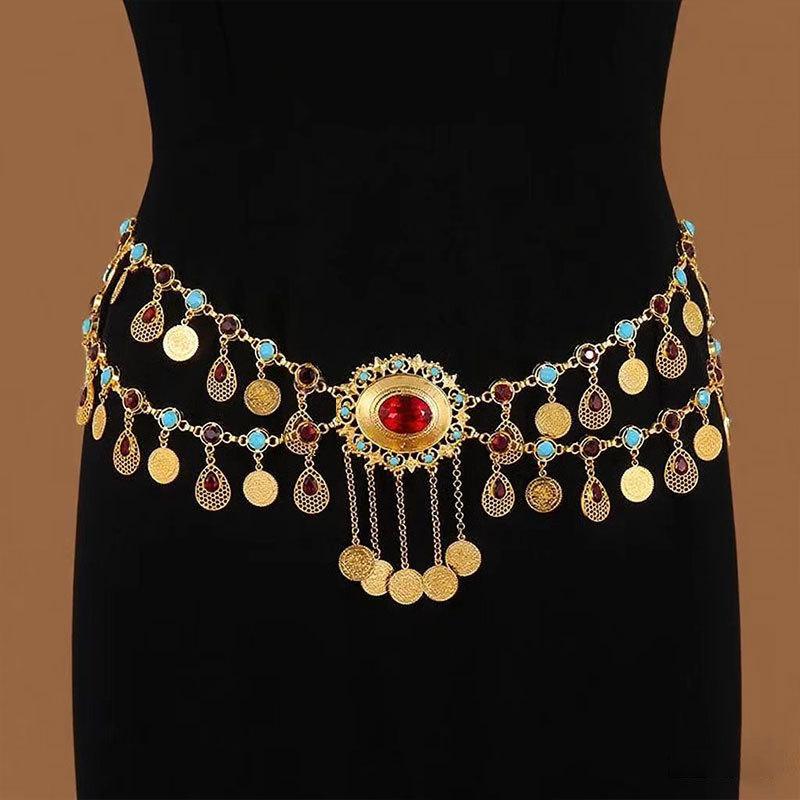 Ethnic Style Metal Retro Coin Waist Chain Women'S Adjustable Dress Waist Seal Love Butterfly Flower Fringed Belt