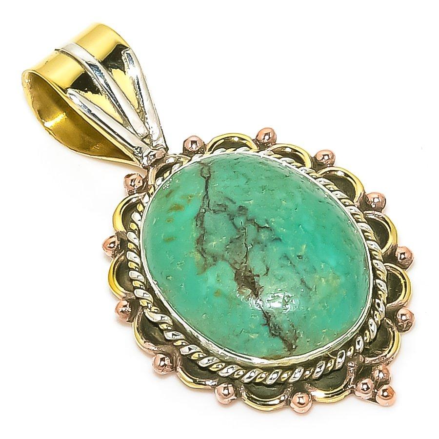 

Natural Tibetan Turquoise Two Tone 925 Solid Sterling Silver Pendant 1.50 K1F65