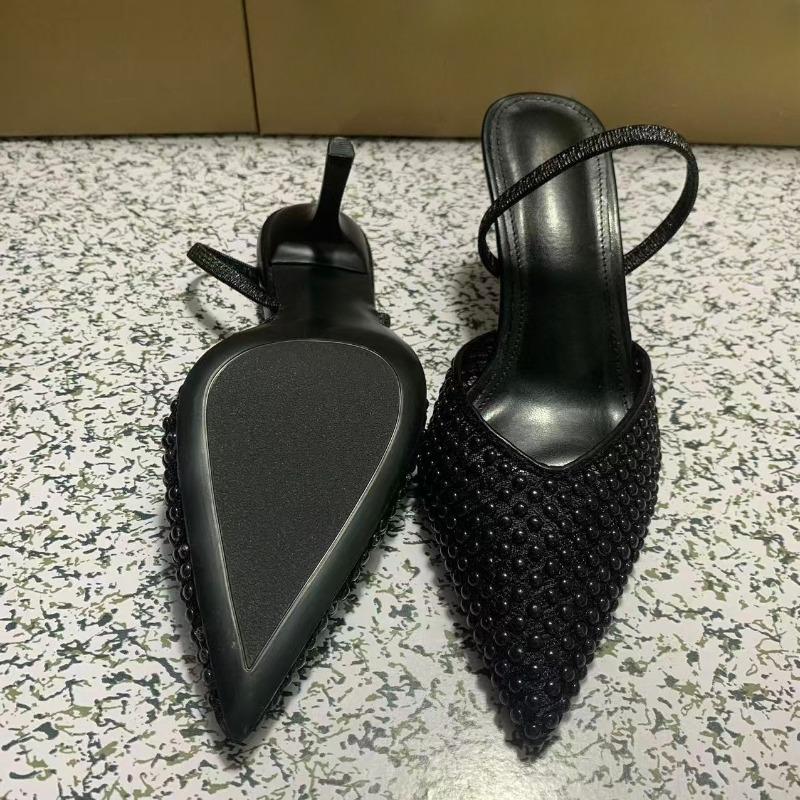 Mode Luxus Schwarze Perle High Heels Damen Sandalen für Party Abschlussball Spitzzehe Slingbacks Mesh Designer Sommer Damen Kleiderschuhe