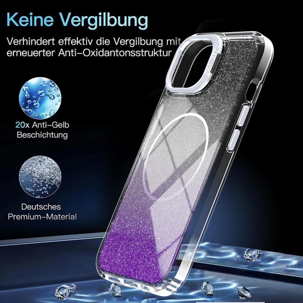 For iPhone 15 Magnetic Case Gradient Glitter Shockproof TPU PC Phone Cover Compatible with MagSafe