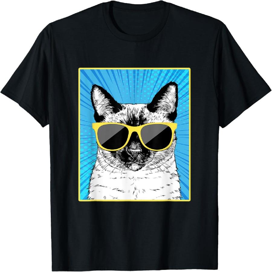 Siamese Cat Portrait Pop Art Cat with Sunglasses T-Shirt S