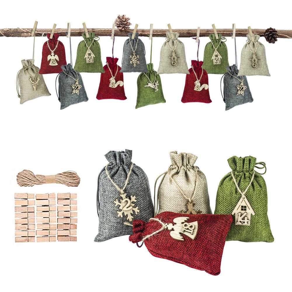 24 Stück Jute-Weihnachts-Adventskalender mit Kordelzug, Geschenktüten-Set 10*14cm 4-color Burlap Bag Set beige