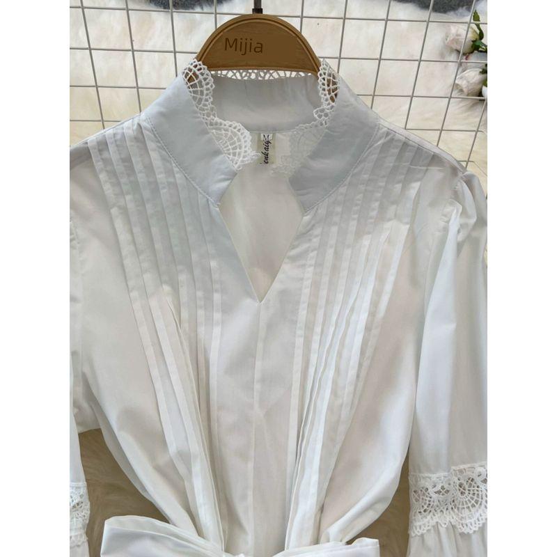 Fashion Socialite Temperament Long Sleeve V Neck Pleated Waist Tight Slim Looking A- line Cut Out Lace Dress Elegance Large Swing Dress