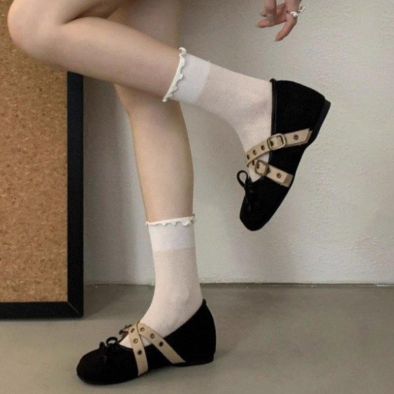 Inside Heightened Single Shoes Women's Round Toe Light Mouth Colorblock Rivet Metal Buckle Soft Sole Flat Shoes