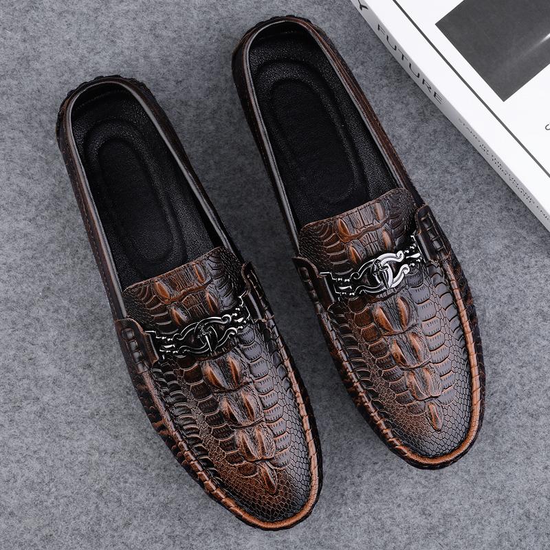 Spring Summer Mens Slip On Shoes Casual Leather Men Loafers Moccasins Driving Shoes Crocodile Pattern Man Walking Flats