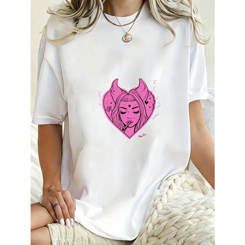 Oversized T Shirt Black Pink Devil Heart Graphic Print Women Casual Streetwear Fashion Top