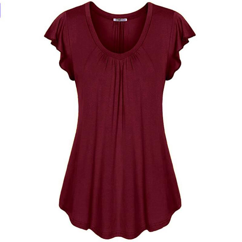 MAITA Outdooor Women Solid Row Pleats Ruffled Ruched Round Neck Short Sleeve Irregular T -Shirt Tops