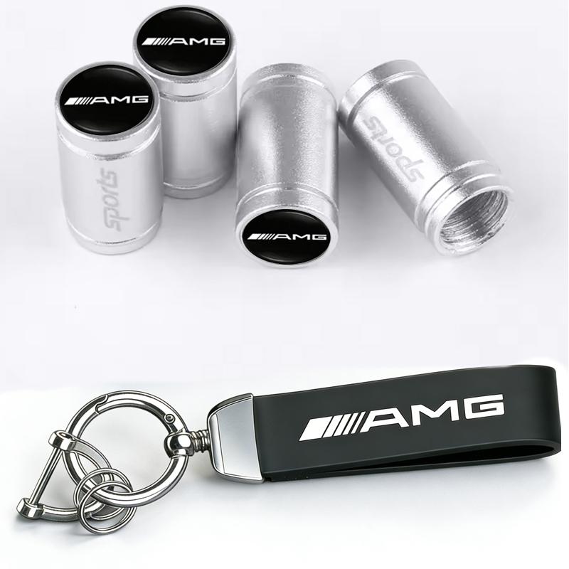 5Pc Car Tire Wheel Valve Caps Cover Leather Car Key Chain Ring Keychain For Mercedes Benz AMG W203 W206 W220 W205 W211 W212 W201
