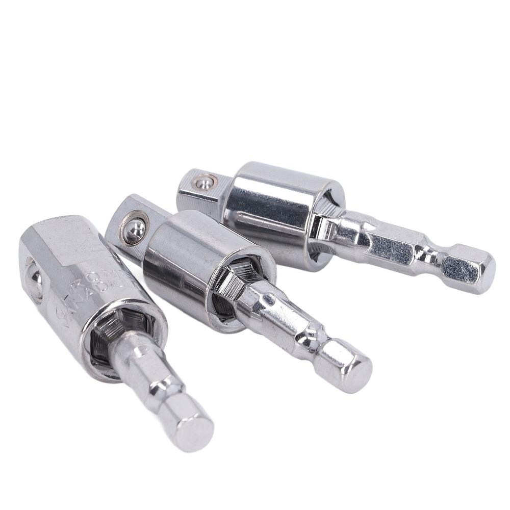 3 st Förkromade Hylsadaptrar 1/4" 3/8" 1/2" Fyrkantsfäste 360 Graders Roterbart Svivelhylsnyckelsats