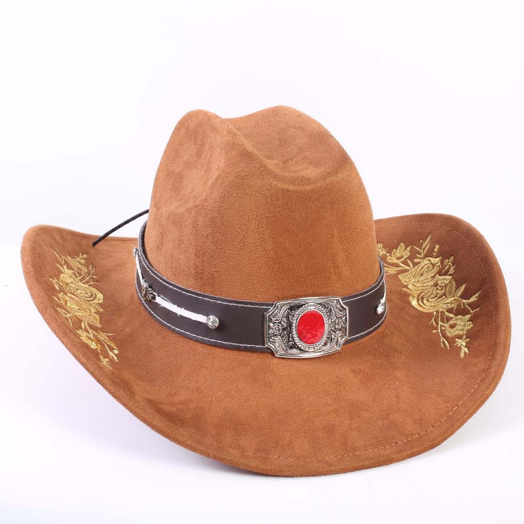 Popular European and American Classic Suede Western Cowboy Hat Men's and Women's Big Brim Embroidered Outdoor Sun Hat