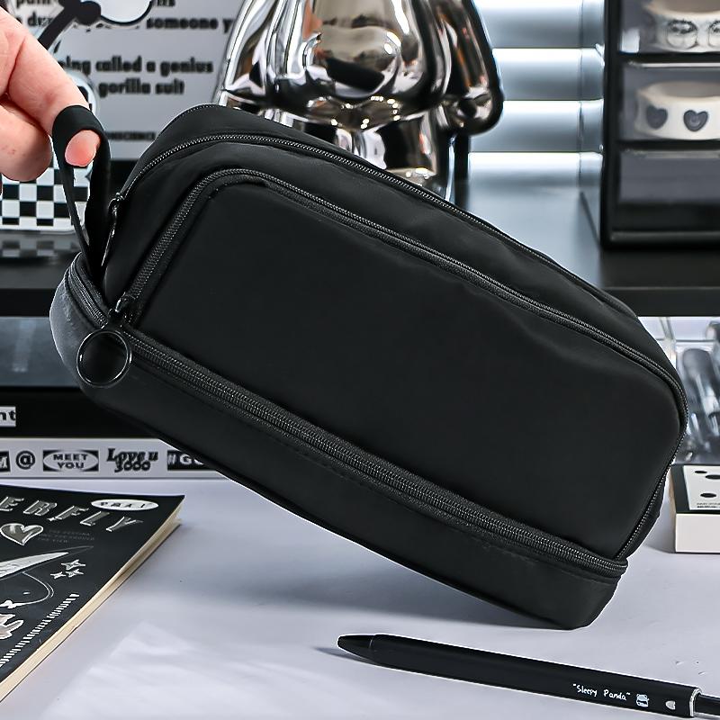 1pcs Dual-side Open Pen Bag Pencil Case 4 Compartments With Zipper & Portable Handle Storage Pouch for Stationery