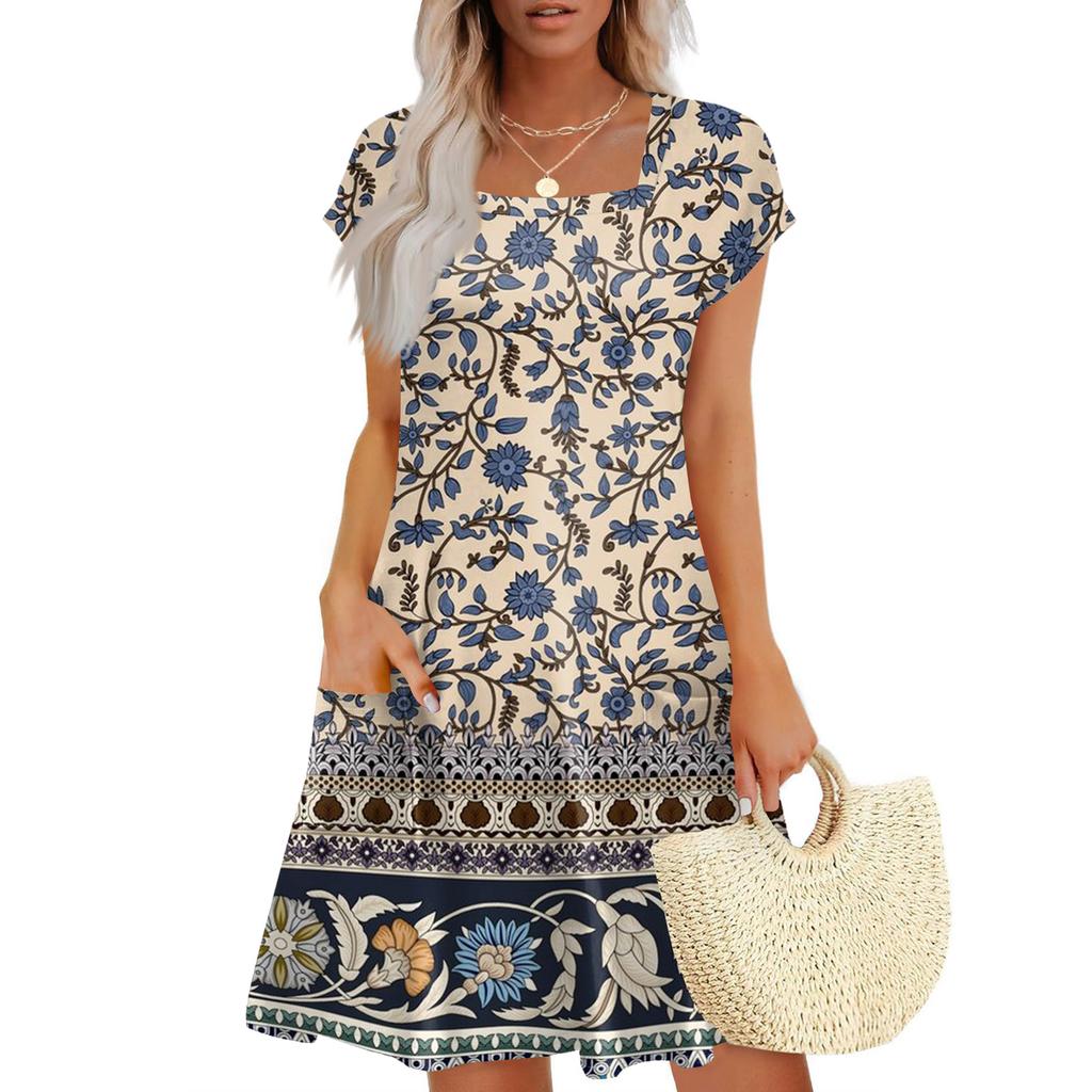 Summer Dresses For Women Loose Square Neck Cap Sleeve Casual Beach Vacation Tshirt Dress Sundresses With Pockets