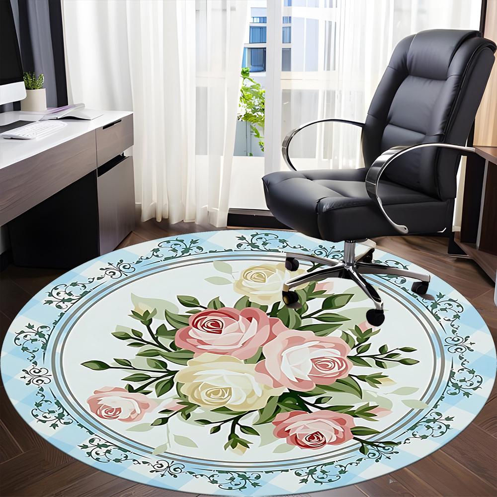 1pc Roses Floral Pattern Office Round Rug, Carpet for Office, Gaming, Lightweight Round Floor Mat Yy260208027