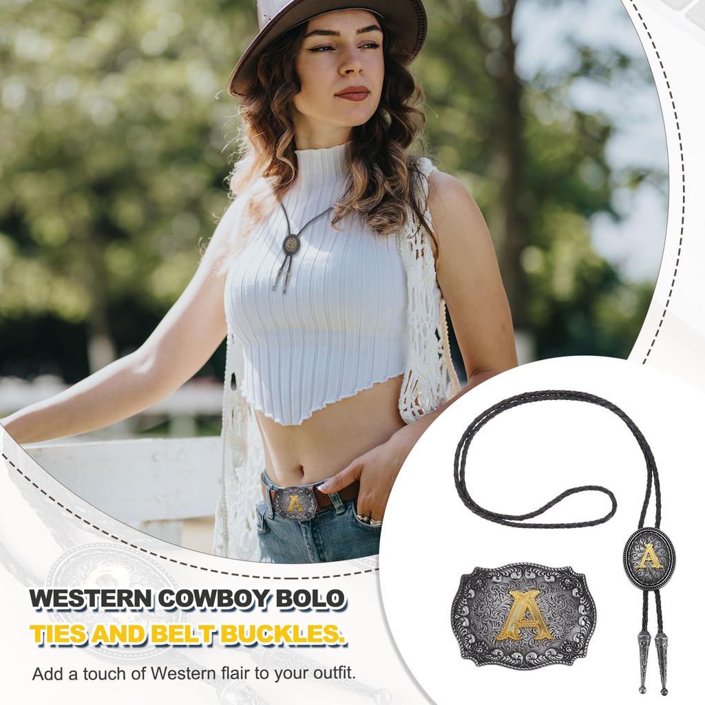 [PATIKIL] Western Cowboy Bolo Tie and Belt Buckle Set, Gold Initial "J", Cowhide Rope Tie, Unisex Costume, Traditional Vintage Accessory,