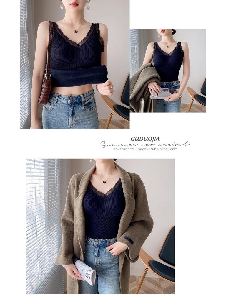 Women's Fleece-Lined Slim-Fit Lace Camisole with Chest Pads - Warm Vest