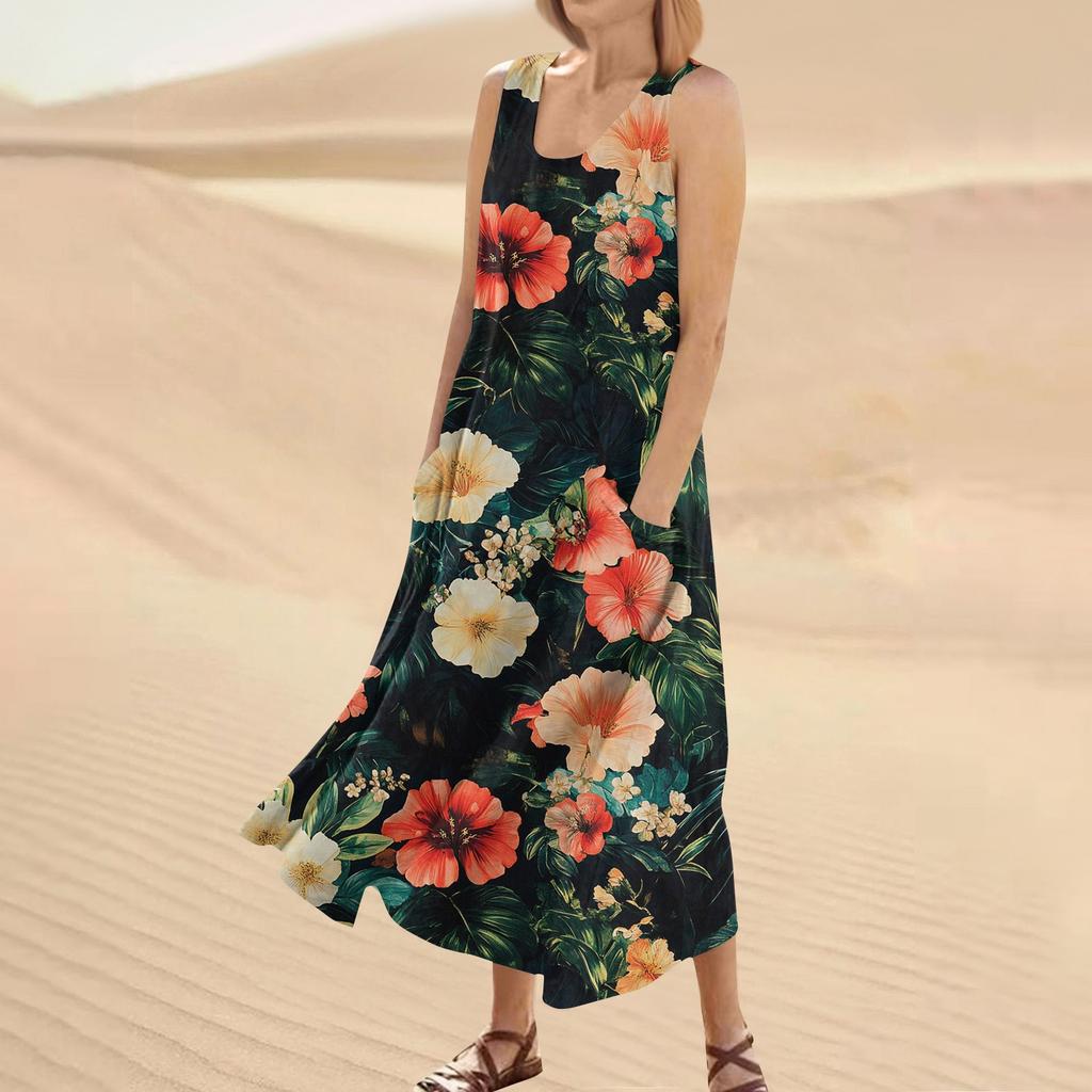 Robe d'été décontractée pour femmes, imprimé floral, sans manches, col rond, poches