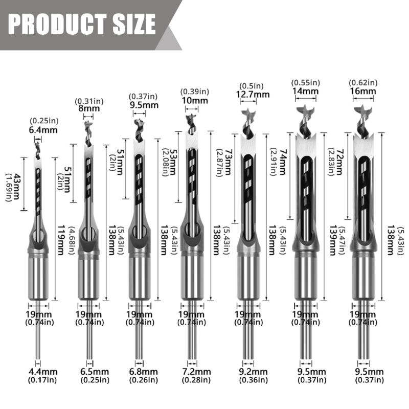 Premium Woodworking Square Mortising Drill Bits 7 Pieces Kit Heat Treated Carbon Steel Material Drill Bits For Longevity