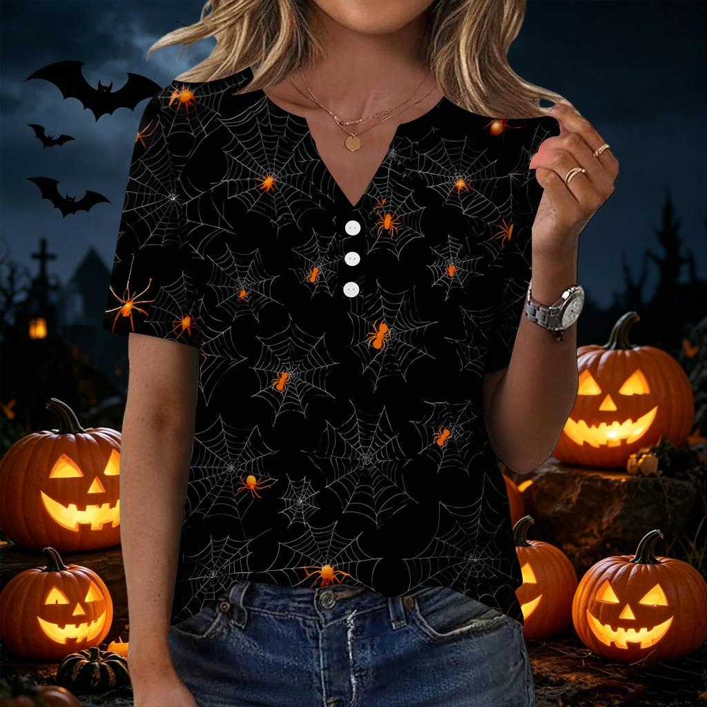 Women's Casual V Neck Short Sleeve Button T Shirt Halloween Spider Web Print Lightweight Top for Everyday Wear and Seasonal Occasions