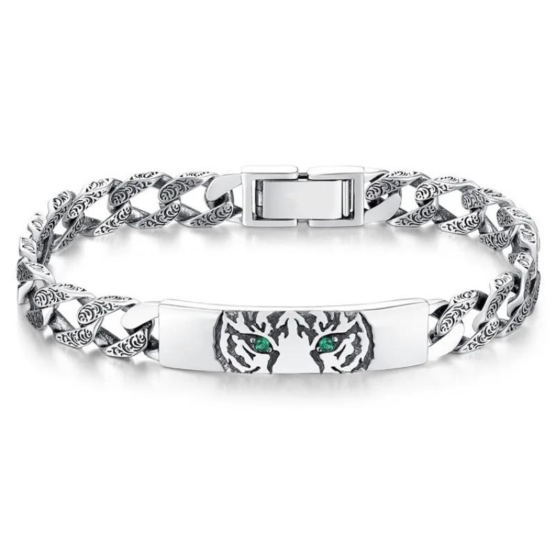 925 Silver Hip-Hop Style Tiger Pattern Cuban Glossy Green Zircon Bracelet for Men Couple Style Chain Bangles charm Jewelry