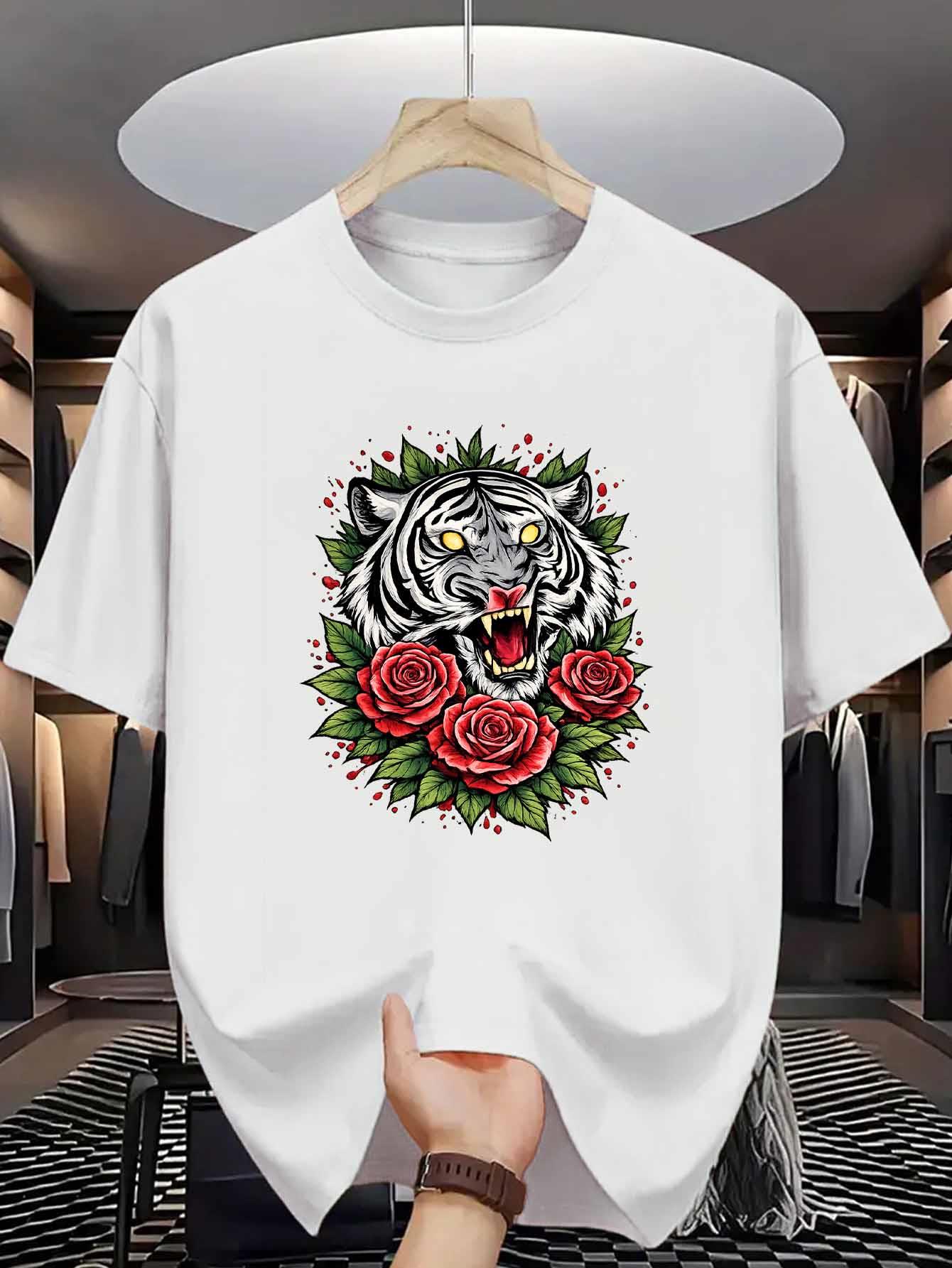 White Tiger Men s Cotton TShirt Fierce Tiger and Red Rose Floral Print Pattern Pure Cotton Premium Print Durable Casual Fashion S разноцветный