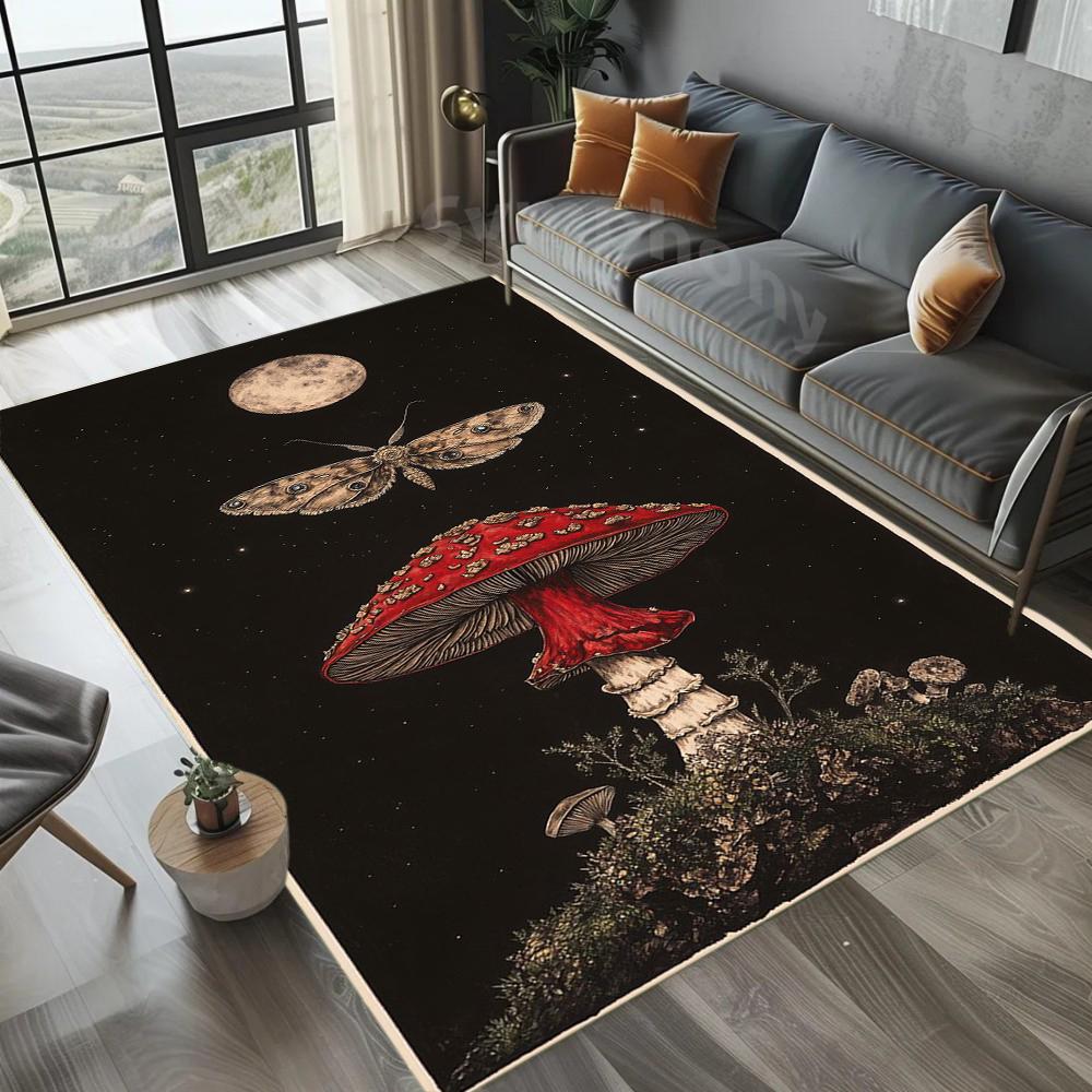 Red Mushroom Butterfly Carpet Starry Moon Rug Mat Home Decoration Mystic Night Pattern Non-Slip Soft Floor Mat for Living Room
