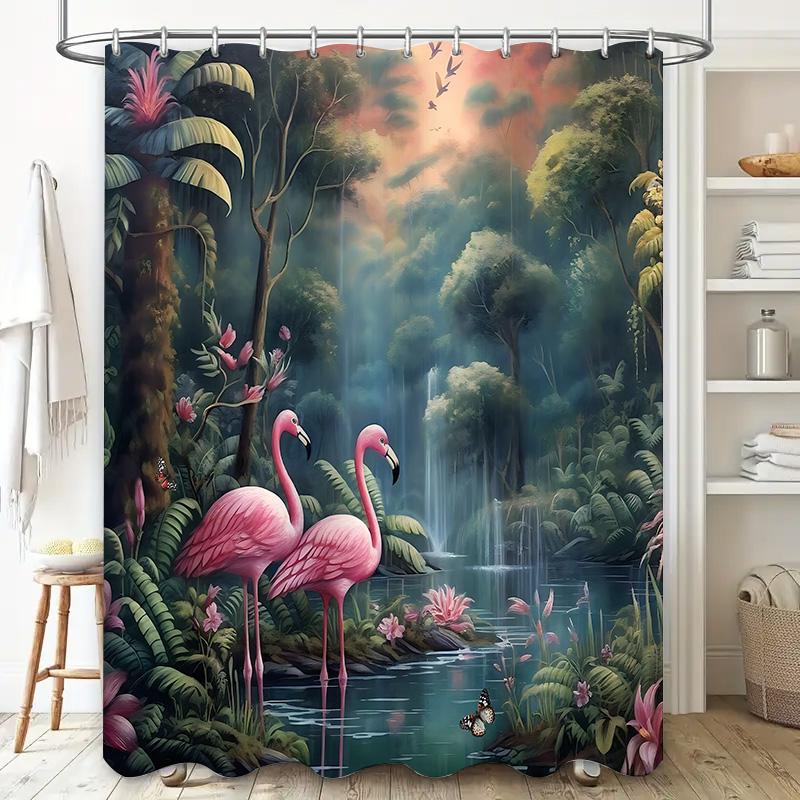 Dunika Chen Tropical Rainforest Style Flamingo Shower Curtain Waterproof Anti-Mold Bathroom Hanging Curtain Creative Home Decoration