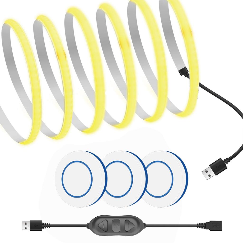 RYE COB Elastyczny pasek LED 5mm 320 4000K z 3 okrągłymi przyciskami 5V 3m Ukryte światło Deformowalne i cięte do i światła biurowego, Szeroki, 3m, LED/m,