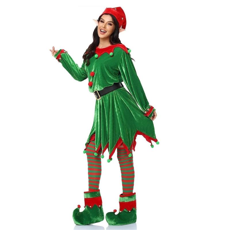 Adult Christmas Elf Costume Belt Dress Elf Ears Stripe Thigh High Stockings Elf Hat Boot for Christmas Cosplay Accessory