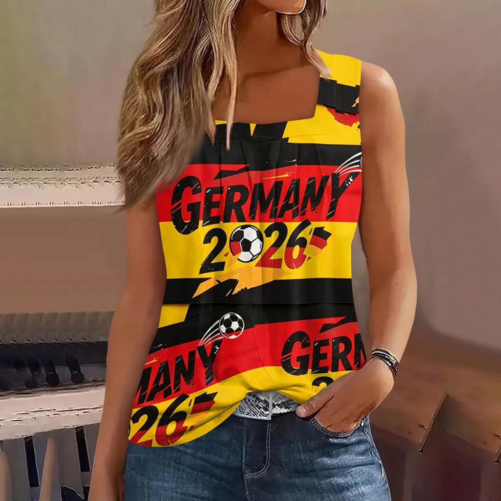 Dames Mouwloos Vierkante Hals Casual Tanktop Duitsland 2026 Voetbalprint Zomer Mode Ontspannen Pasvorm Lichtgewicht Shirt