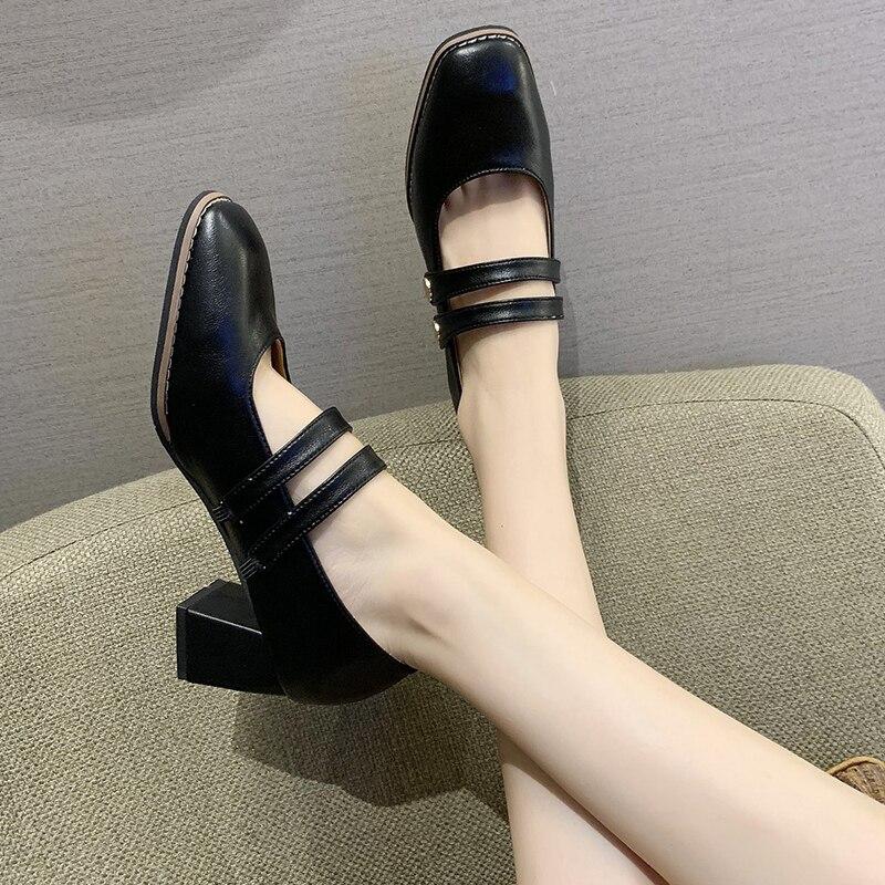 Rimocy Modne Czółenka z Kwadratowymi Obcasami z Podwójną Klamrą Kobiety Czarne Kwadratowy Nosek Buty do Biura Kobieta Wodoodporne Płytkie Buty ze Skóry PU