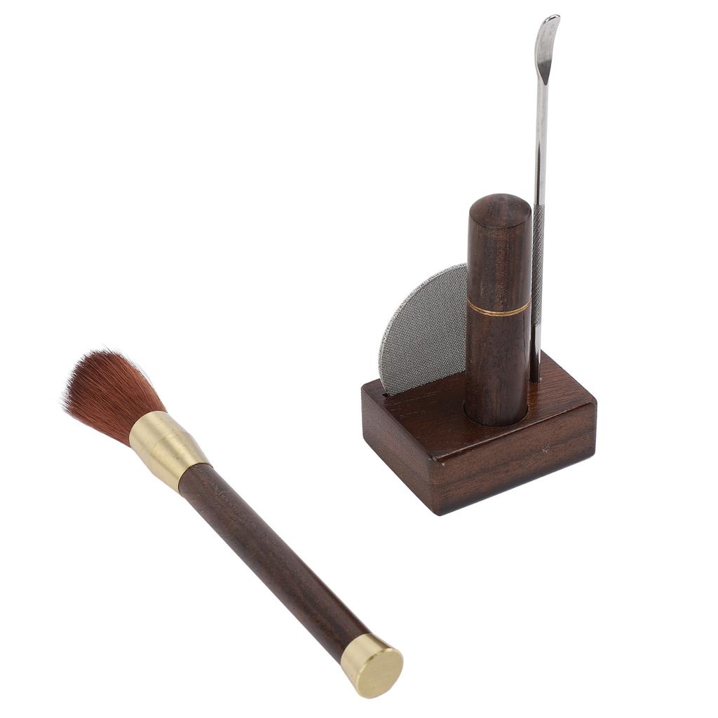 Coffee Powder Distributor Kit Stainless Steel Needle Wood Handle Brush Coffee Stirring Tool with Storage Base