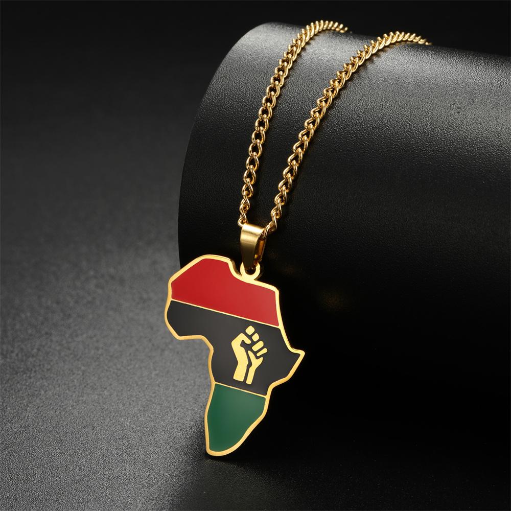 African Map Fist Symbol Pendant Necklace Stainless Steel Country Ethiopia Flag Map Necklaces Lives Matter Ethnic Jewelry