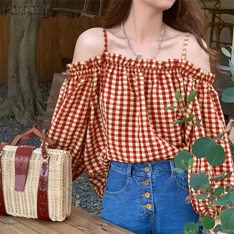 

ZANZEA Женская блузка с открытыми плечами в клетку на тонких бретельках с длинным рукавом Уличная одежда Повседневные свободные топы