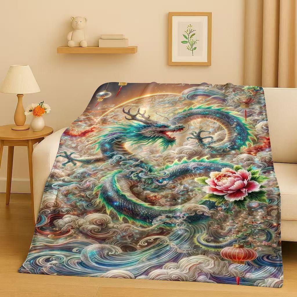 HD Yin Yang Element Dragon Chinese Loong Cartoon Flannel Blanket,Ultra Soft Warm Plush Throw for Home Bedroom Bed Sofa Cover Kid