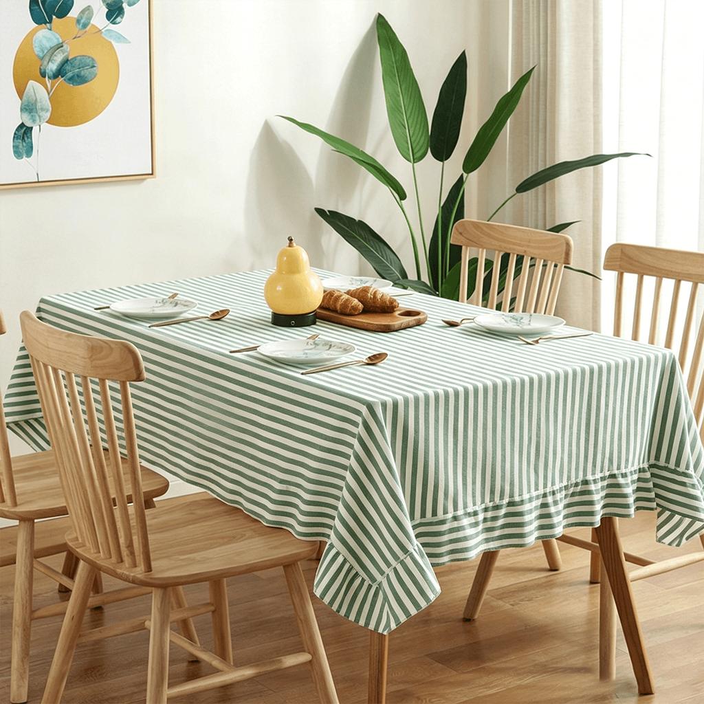 Retro Green and White Striped Ruffle Edge Thickened Fabric Home Waterproof and Dustproof Pleated Tablecloth