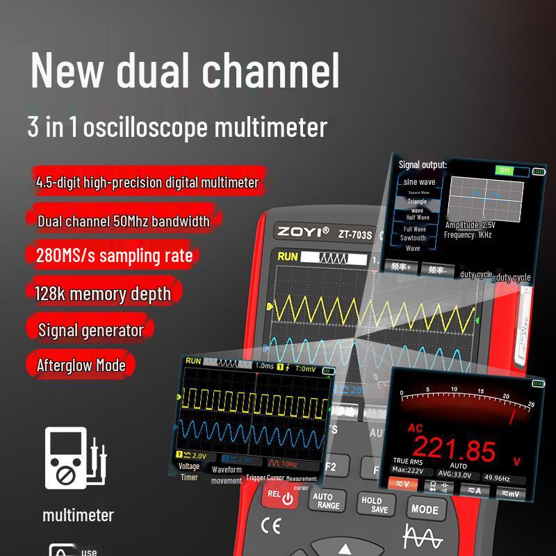 ZOYI Oscilloscope 702S/703S: Multifunction Multimeter & Signal Generator, High-Precision Three-in-One Device