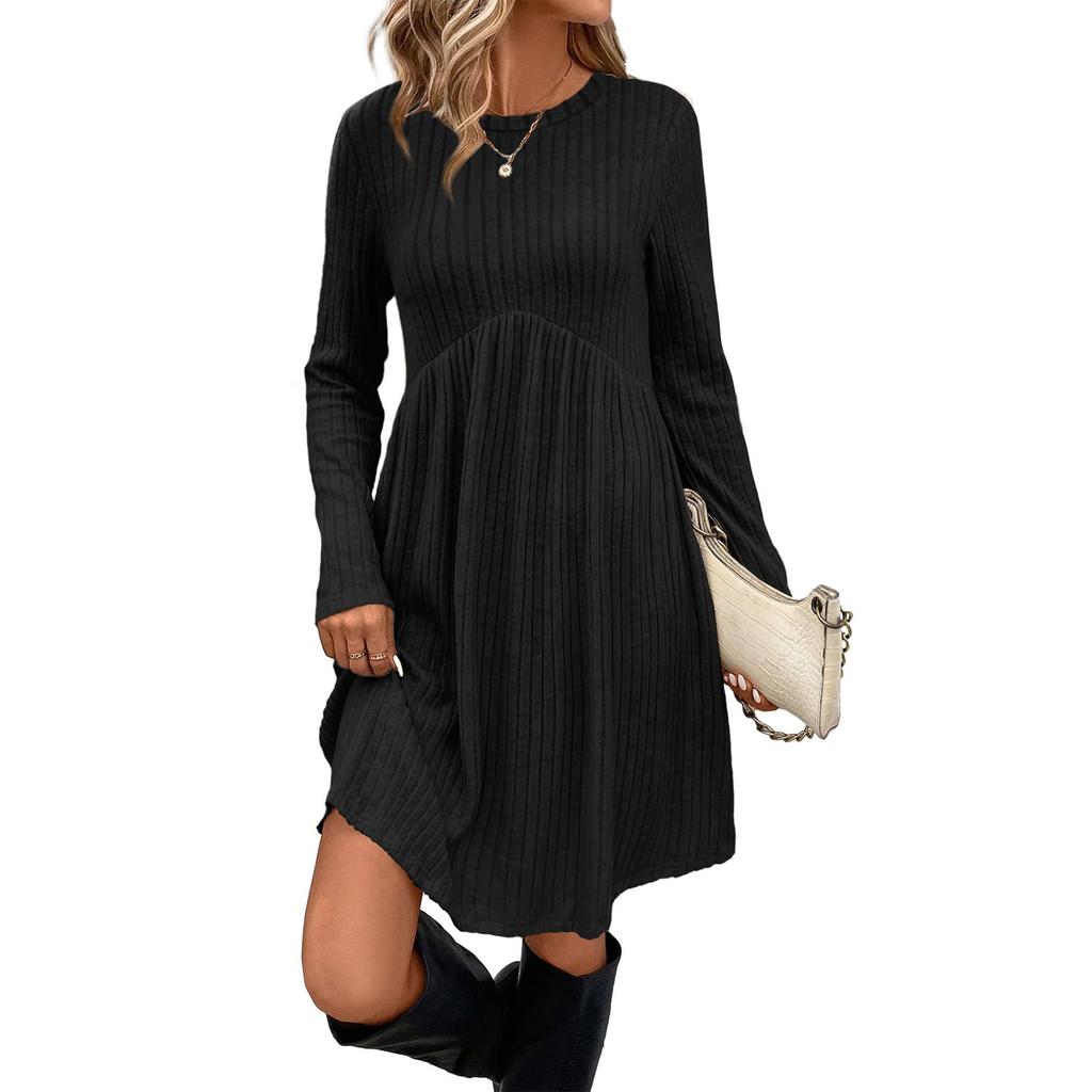 Women's Long-sleeved, Round-neck, High-waisted, Pocketed, Striped Dress