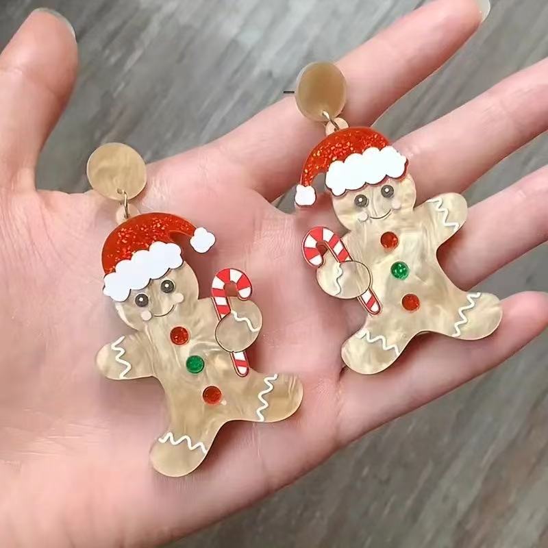 A Pair Christmas Hat Candy Cane Gingerbread Man Acrylic Earrings Cartoon Festive Atmosphere Girl Christmas Outfit Matching Ea
