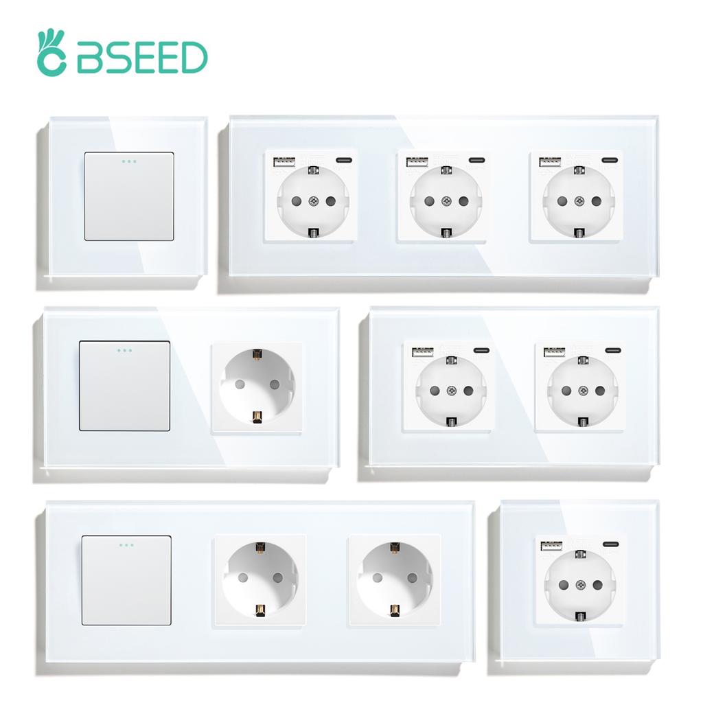 BSEED 1/2/3-fach Mechanische Taster Wandschalter Ein Aus Glas Stromschalter 2,1A Typ-C USB-Steckdose EU-Standard 1-Weg