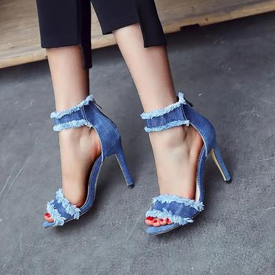 2024 Summer New European and American Fashion Denim Leak-toe Roman Sandals Women's Heel Women's Sandals Versatile