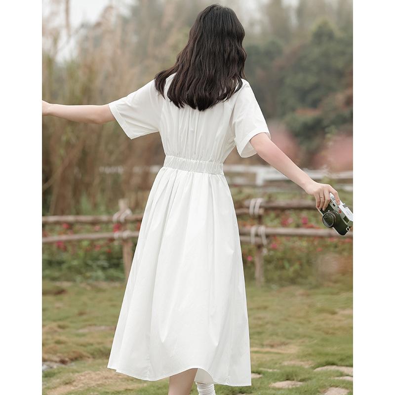 Summer Arts Academy Wind Doll Collar Solid Color Waist Dress Female First Love Small White Dress