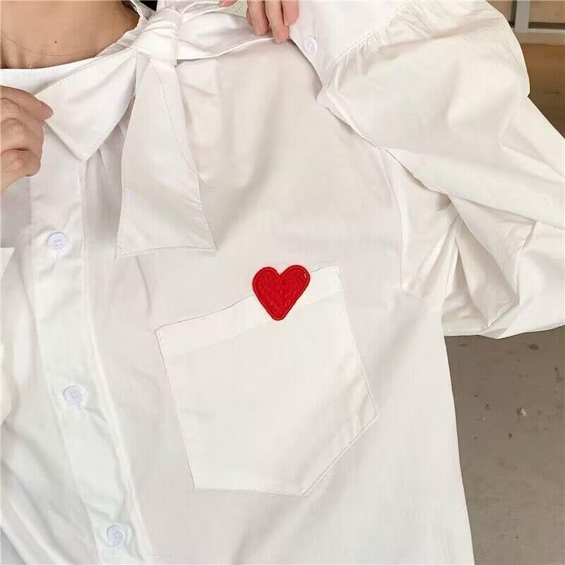 Love Embroidery Bow Long-sleeved White Shirt Female 2024 New Loose
